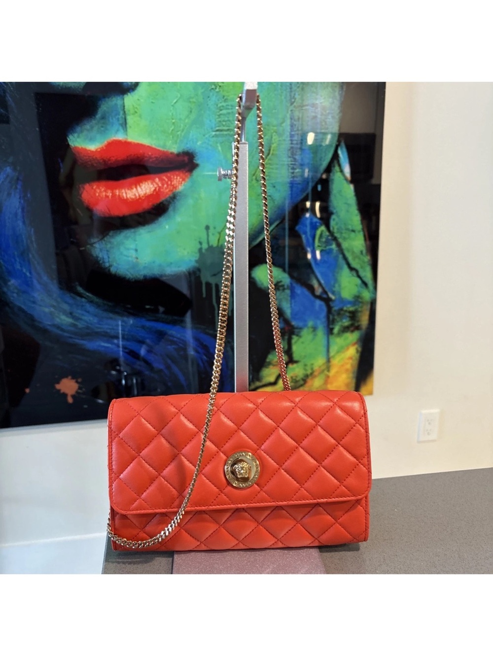 Versace Quilted Coral-Red Chain Shoulder Bag $ 1795 Retail - Picture 3 of 14